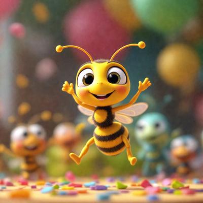The primary subject of the image is a yellow and black cartoon bee, which is the main focus of the scene. The bee is flying through the air, surrounded by a colorful and lively environment. The setting includes a rainbow-colored background, which adds to the vibrant atmosphere of the image. The visual style of the image is a combination of digital art and illustration, creating a unique and engaging scene. The colors and mood of the image are predominantly cheerful and lively, with